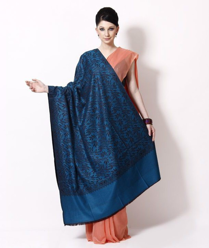 Kashmiri Woolenn Pure Wool Floral Print Women Shawl(Blue)