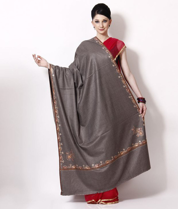 Shawls Of Kashmiri Pure Wool Floral Print Women Shawl(Grey)