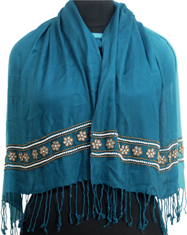 VR Designers Cotton Viscose Blend Embroidered Women Shawl(Dark Blue)