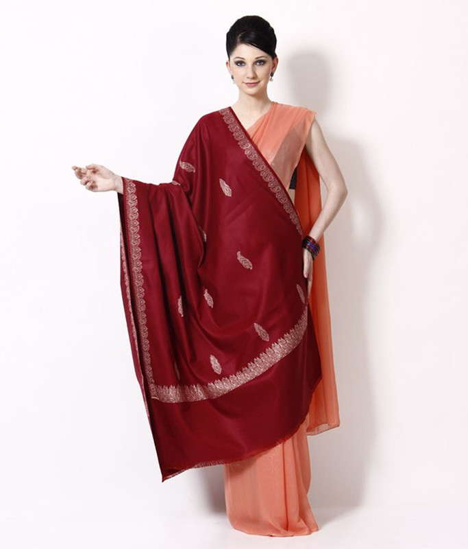 Royal Kashmir Pure Wool Floral Print Women Shawl(Maroon)