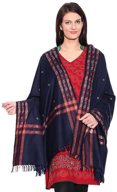 Kashmiri Handloom Shawl Pure Wool Floral Print Women Shawl(Blue)