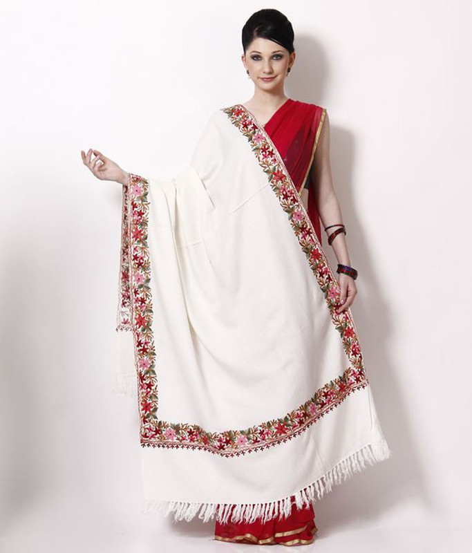 Royal-E-Kashmir Pure Wool Floral Print Women Shawl(White)