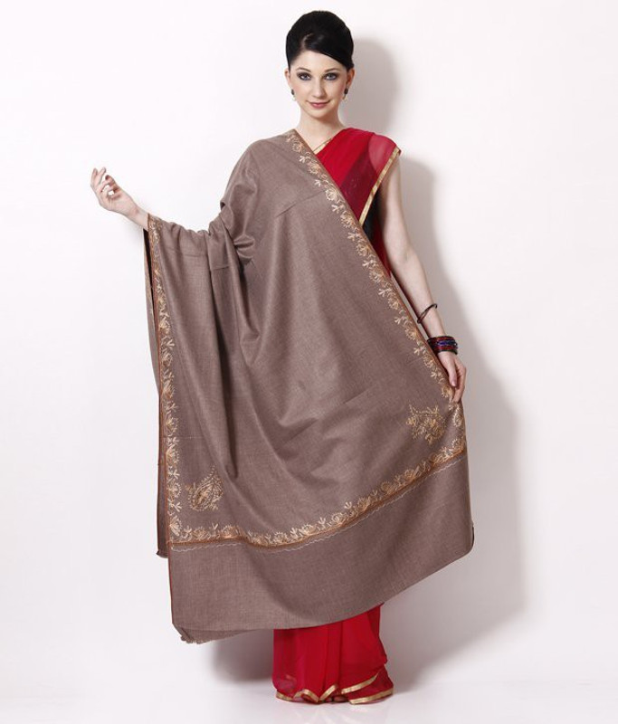 Shaan-e-Kashmir Pure Wool Floral Print Women Shawl(Grey)