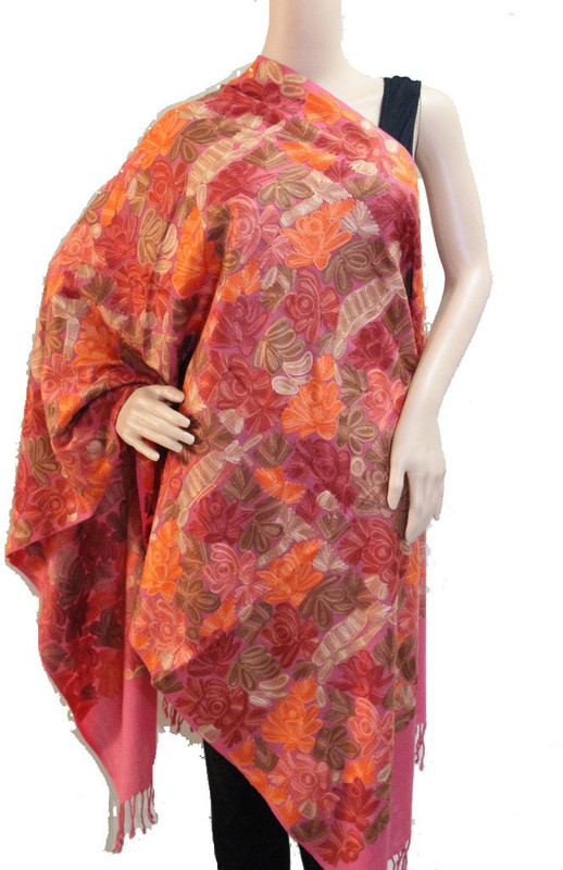 Matelco Pure Wool, Cotton Blend Embroidered Women Shawl(Pink)