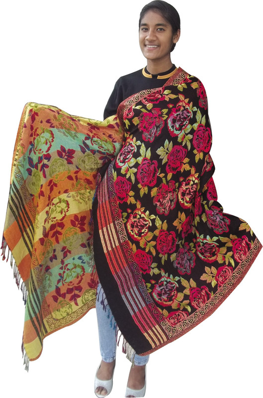 Japroz Pure Wool Embroidered Women Shawl(Red, Yellow)