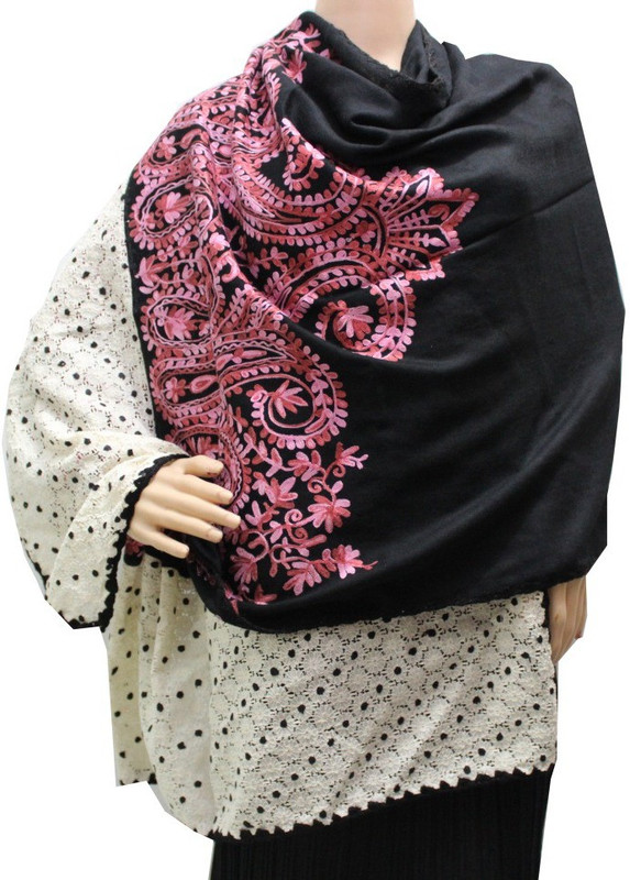 Matelco Pure Wool Embroidered Women Shawl(Black)