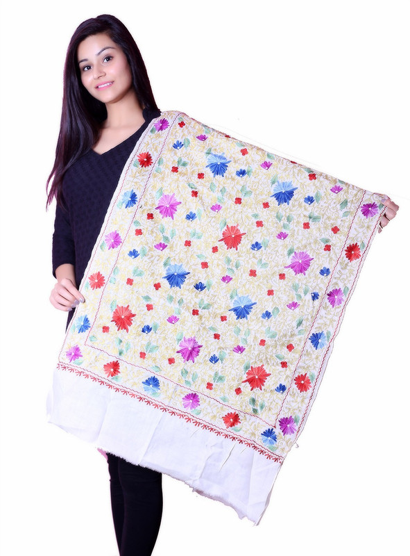 Inara Robes Pure Wool Embroidered Women Shawl(White, Multicolor)