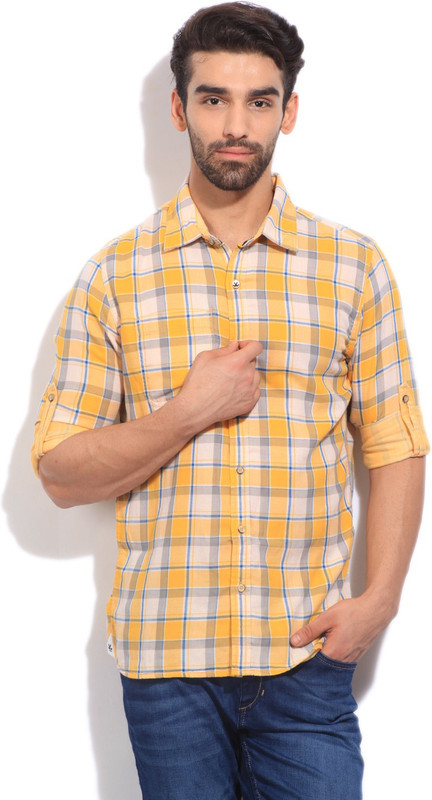 WROGN Men Checkered Casual Yellow Shirt