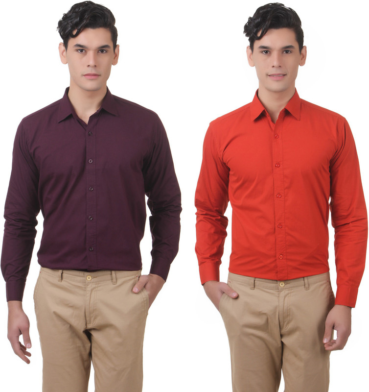 You Forever Men Solid Casual Purple, Orange Shirt(Pack of 2)
