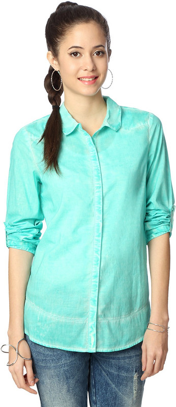 People Women Solid Casual Blue Shirt