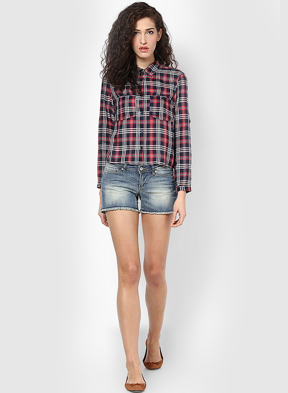 Only Women Checkered Casual Maroon, Black Shirt