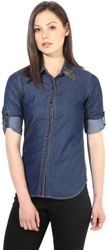The Vanca Women Solid Casual Blue Shirt