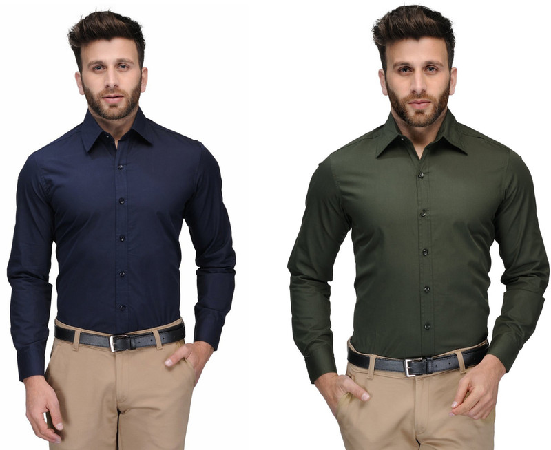 james Men Solid Formal Dark Blue, Green Shirt(Pack of 2)