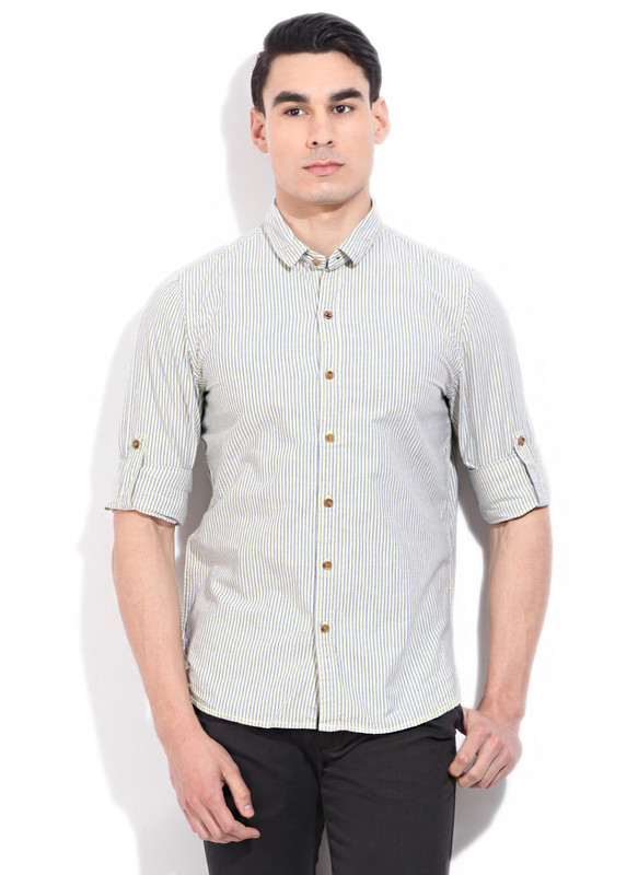 WROGN Men Striped Casual Blue, Yellow Shirt