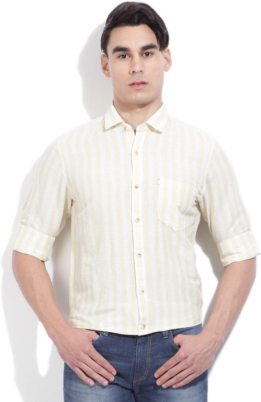Peter England Men Striped Casual White, Yellow Shirt
