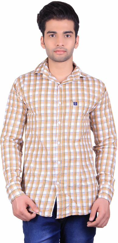 Cotblend Men Checkered Casual Yellow Shirt