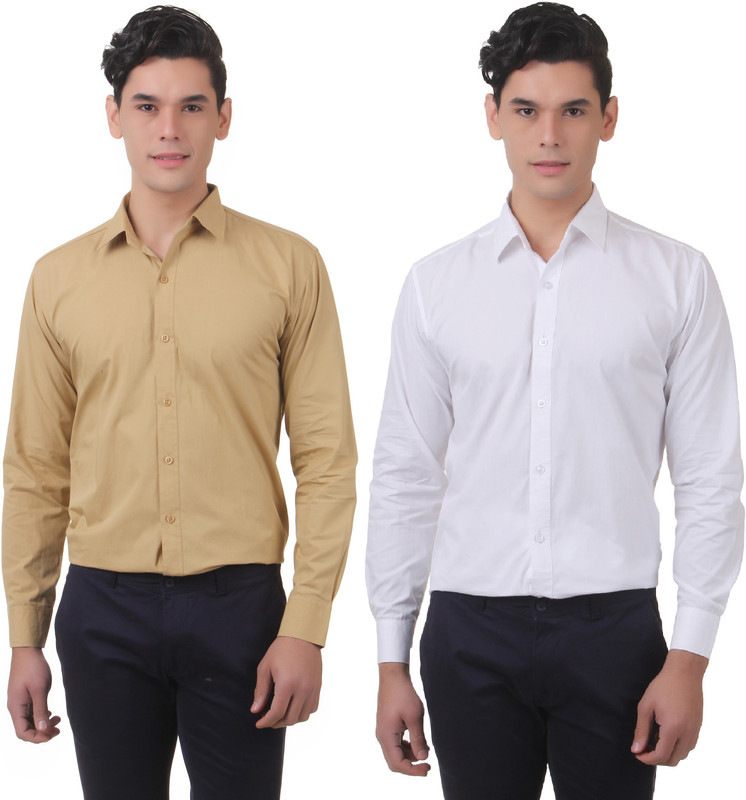 You Forever Men Solid Casual Brown, White Shirt(Pack of 2)