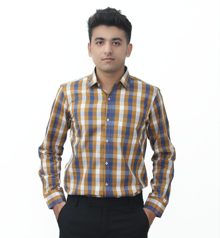 Kriss Men Checkered Formal Yellow, Blue Shirt
