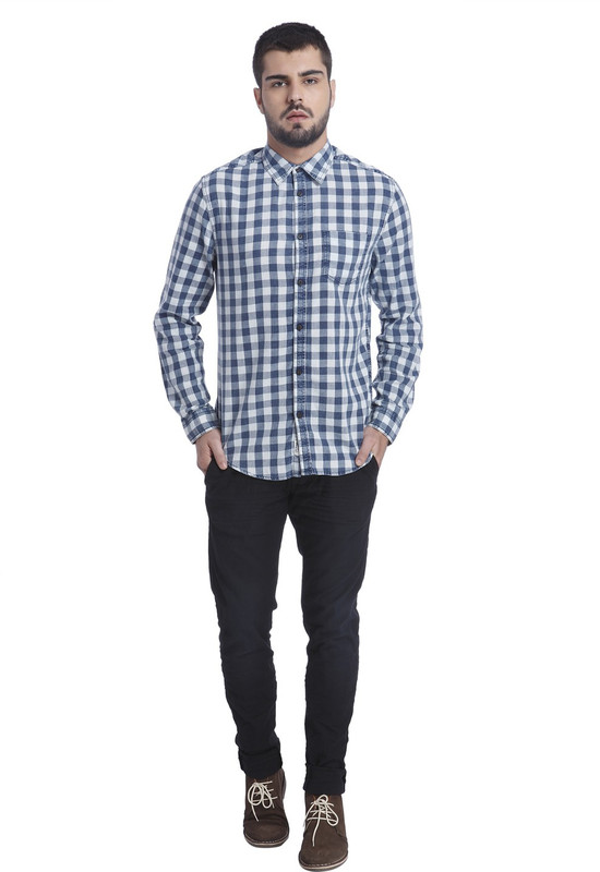 Jack & Jones Men Checkered Casual White, Blue Shirt