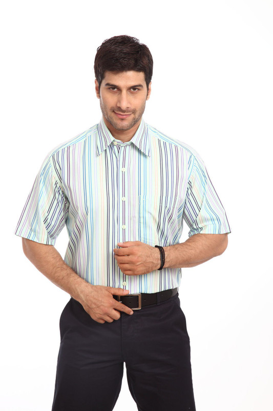 ColorPlus Men Striped Casual Green Shirt