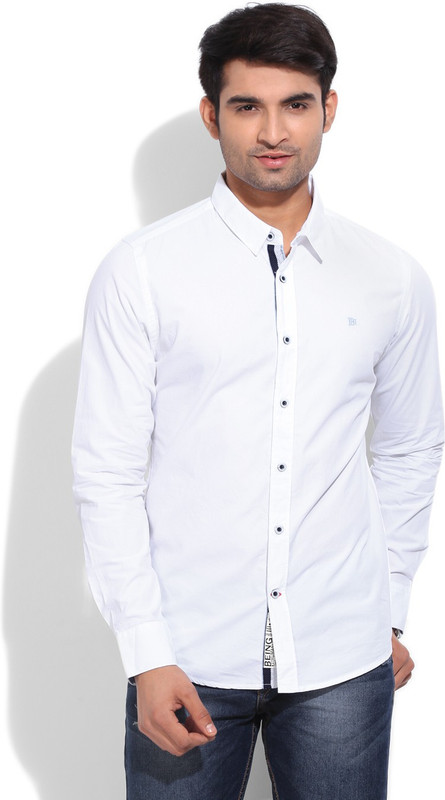 Being Human Men Solid Casual White, Blue Shirt