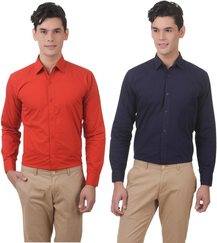 You Forever Men Solid Casual Orange, Blue Shirt(Pack of 2)