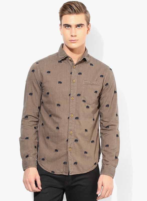 Jack & Jones Men Animal Print Casual Beige Shirt