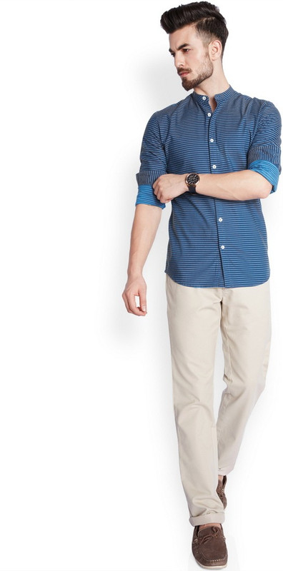 Parx Men Striped Casual Dark Blue Shirt