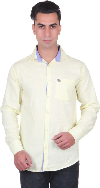 Cotblend Men Solid Casual Yellow Shirt