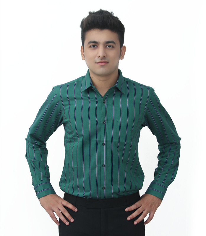Kriss Men Striped Formal Green, Blue Shirt