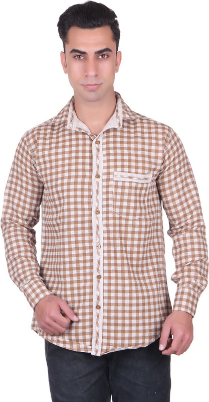 Cotblend Men Checkered Casual Brown Shirt