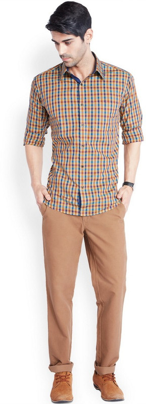 Park Avenue Men Checkered Formal Beige Shirt