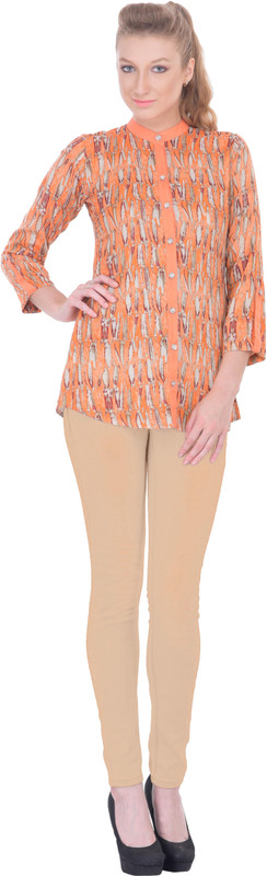 Khushali Women Self Design, Printed Party Orange, Beige Shirt