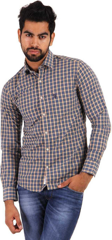 U.S. Polo Assn Men Checkered Casual Beige, Blue Shirt