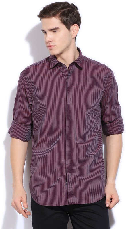 Kenneth Cole Men Striped Casual Maroon Shirt