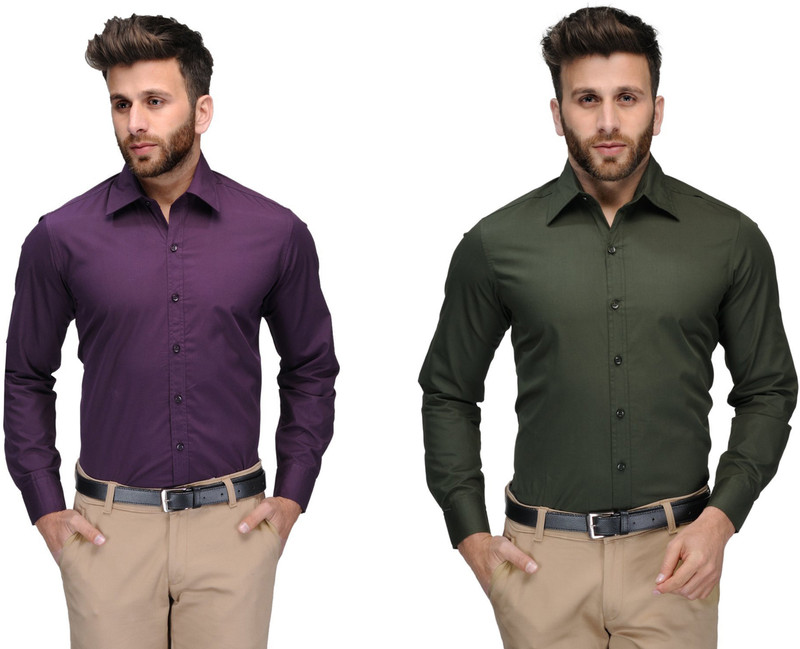 james Men Solid Formal Purple, Green Shirt(Pack of 2)