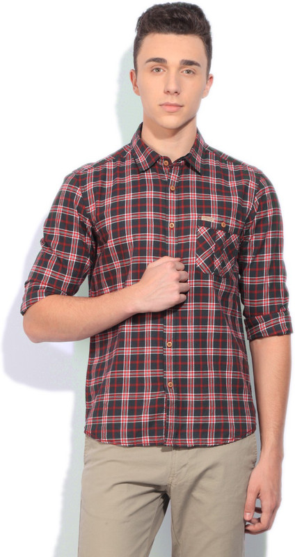 Flying Machine Men Checkered Casual Red, Brown Shirt
