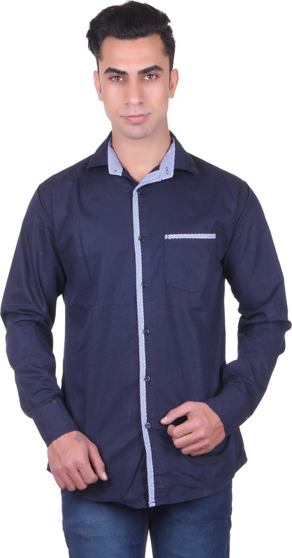 Cotblend Men Solid Casual Blue Shirt
