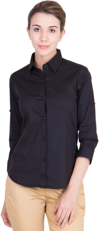 Purple Feather Women Solid Formal Black Shirt