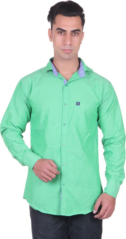 Cotblend Men Solid Casual Green Shirt