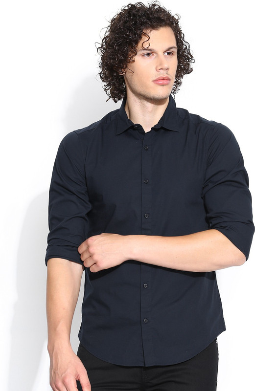 United Colors of Benetton Men Solid Casual Dark Blue Shirt United Colors of Benetton Men Solid Casual Dark Blue Shirt