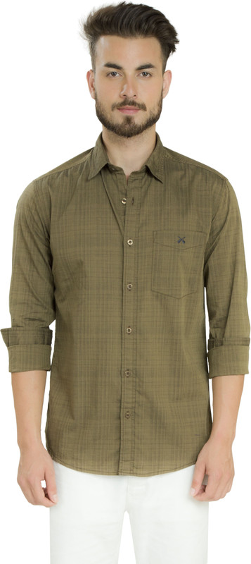 Club X Men Striped, Self Design Casual Brown Shirt