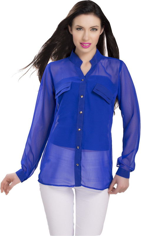Ishin Designer Studio Women Solid Casual Blue Shirt