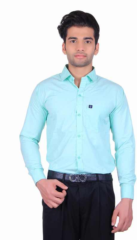 Cotblend Men Solid Casual Light Green Shirt