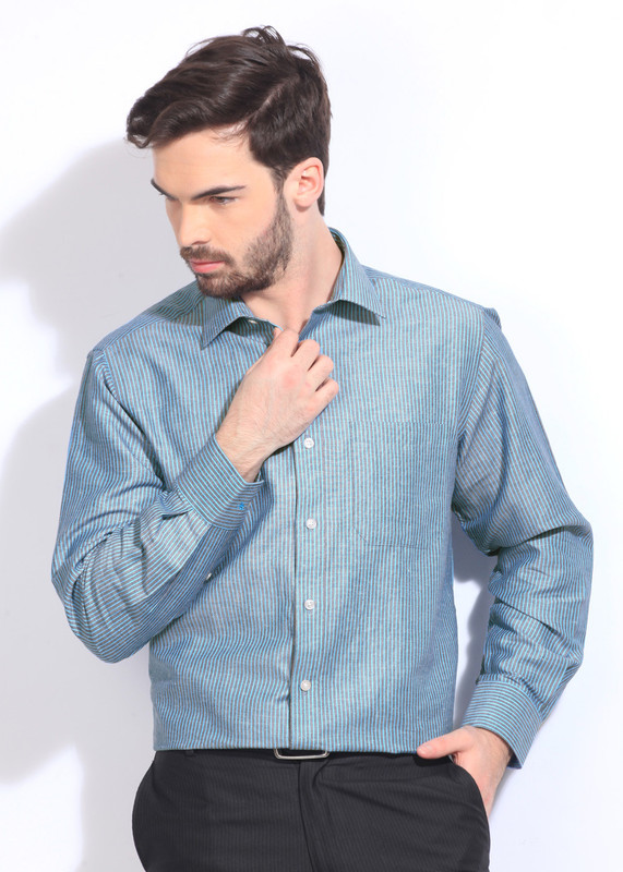 John Players Men Striped Formal Blue Shirt