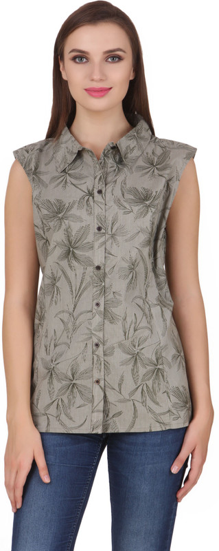 One Femme Women Floral Print Casual Grey Shirt