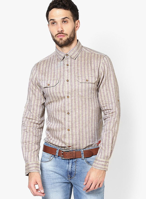 Jack & Jones Men Striped Casual Brown Shirt