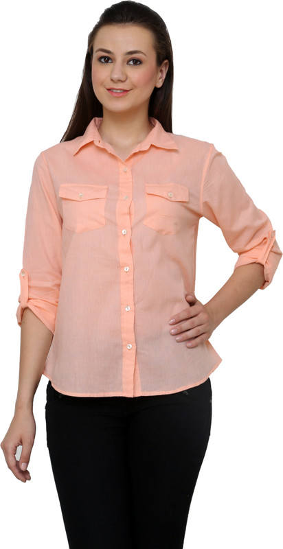 Vaak Women Solid Casual Orange Shirt