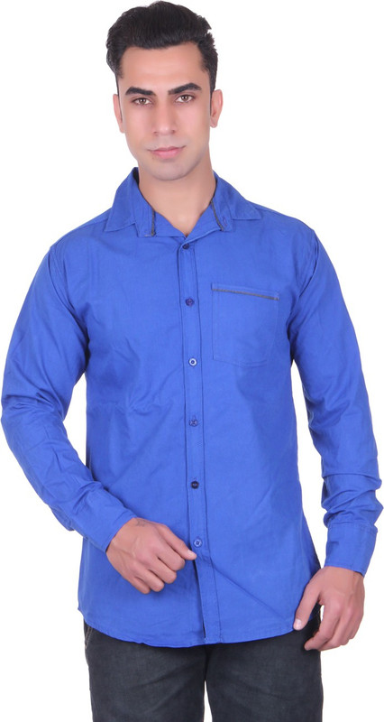Cotblend Men Solid Casual Dark Blue Shirt