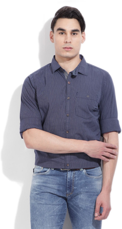 WROGN Men Striped Casual Dark Blue Shirt